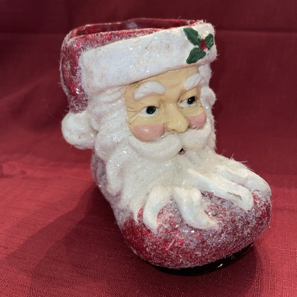 Paper Mache Santa Face Glitter Boot Christmas‎ Decor VTG 5" Tall